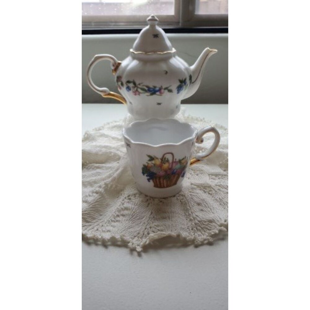 Fruit Porcelain Tea for One Set Teapot, Teacup, and lid, and Stackable ~Vintage~
